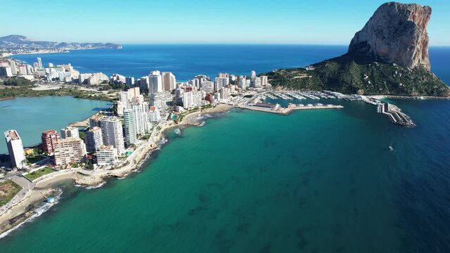 Aerial panoramic view of the beautiful city of Calp in Spain with Pe&ntilde;&oacute;n de Ifach Parc Natural