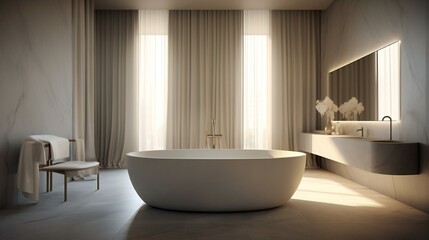 Naklejka na ściany i meble Modern Luxurious Minimalist Spa Bathroom, Freestanding tub, Marble and brass, Minimal, Whites and greys accents, Soft diffuse light in Milan, Italy, Serene Morning - Generative AI