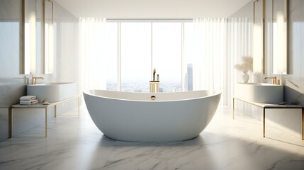 Naklejka na ściany i meble Modern Luxurious Minimalist Spa Bathroom, Freestanding tub, Marble and brass, Minimal, Whites and greys accents, Soft diffuse light in Milan, Italy, Serene Morning - Generative AI