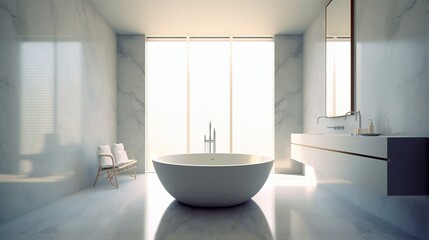 Fototapeta na wymiar Modern Luxurious Minimalist Spa Bathroom, Freestanding tub, Marble and brass, Minimal, Whites and greys accents, Soft diffuse light in Milan, Italy, Serene Morning - Generative AI