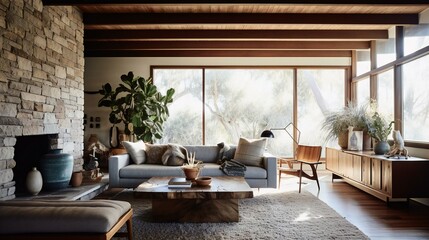 Mid-Century Modern Living Room Ambiance, Stone fireplace, Wooden beams, Plush furnishings, Earthy tones, Greenery accents, Sunlit cozy afternoon in California Mountain Retreat - Generative AI - obrazy, fototapety, plakaty