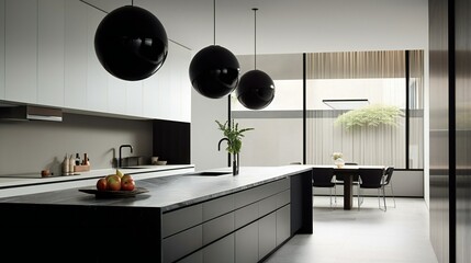 Minimalist Modern High End Kitchen, Island bench, Metal and marble,  Black and white, Bulthaup, Sleek Vibe, Los Angeles, USA - Generative AI
