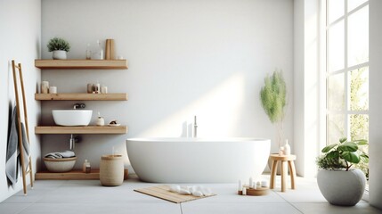 Modern Luxurious Scandinavian Minimalist Spa Bathroom, Freestanding tub, IKEA. Style,  Wood, Minimal, Whites and greys accents, Soft diffuse light in Milan, Italy, Serene Morning - Generative AI