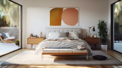Poster Mock-up , Contemporary Design Interior Bedroom, Platform bed, Wood and leather Blu Dot, Soft natural light, Midday in Brentwood, Midday, Serene Atmosphere - Generative AI