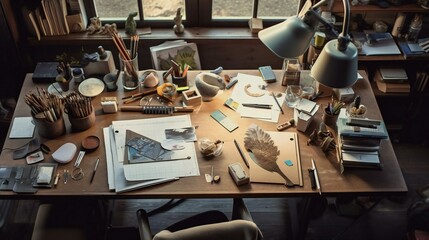 Vintage Artistic Workspace, Eclectic Tools and Supplies, Rustic Wood Table, Natural Daylight, Organized Chaos, Inspirational Creative Studio - Generative AI - obrazy, fototapety, plakaty