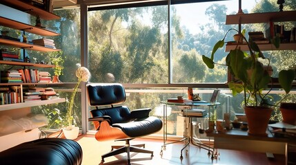 Contemporary and Modern Home Interior Design Office, Eames chair, Wood and leather, Herman Miller Chair , Natural light, Beautiful Afternoon in Hollywood Hills - Generative AI