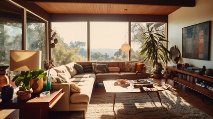 Fototapeta premium Mid-century modern Design Interior, Living Room, Sectional sofa, Wood and fabric, Noon in Hollywood Hills, Relaxed Vibe - Generative AI