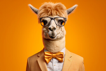 friendly and charismatic lama character involved in an everyday activity, animal influencer, animals banner, Generative AI