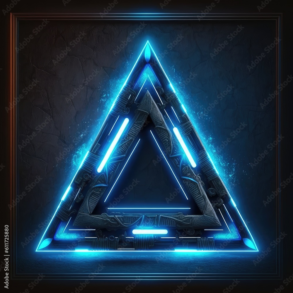Poster abstract of glowing futuristic triangle frame illuminated with neon blue color light. concept of fut