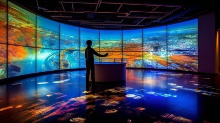 Digital Modern Art Museum, Interactive touch screen display, Smooth glass, RGB spectrum, Seoul Digital Media City, Afternoon - Generative AI