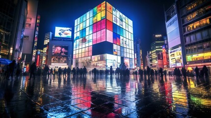 Digital Art High Tech Holographic projection City Exterior Buildings Design , RGB spectrum, Projected light, Futuristic Night in Tokyo Shibuya Crossing, Night - Generative AI - obrazy, fototapety, plakaty
