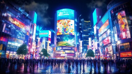 Digital Art High Tech Holographic projection City Exterior Buildings Design , RGB spectrum, Projected light, Futuristic Night in Tokyo Shibuya Crossing, Night - Generative AI