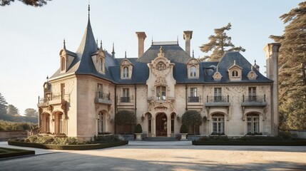 Obraz premium French Chateau Mansion, Symmetrical facade, Stone and iron,Elegant Morning in Bel Air, Luxurious Architecture - Generative AI 
