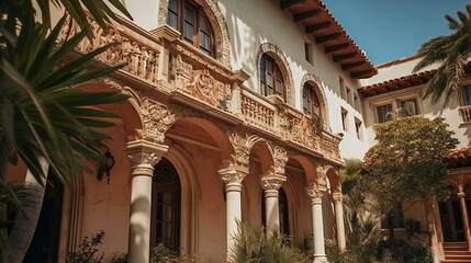 Fototapeta na wymiar Spanish Colonial Mansion, Detailed entrance, Stucco and terracotta, Midday in Santa Monica, Historic Spanish Colonial Architecture - Generative AI