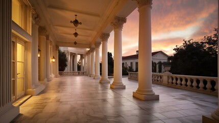 Naklejka premium Neoclassical Mansion, Majestic pillars, Marble and stone, White and Gray accents, Ambient sunny light, Pacific Palisades in the Evening, Grandiose, Neoclassical Arc - Generative AI