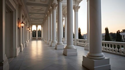 Neoclassical Mansion, Majestic pillars, Marble and stone, White and Gray accents, Ambient sunny light, Pacific Palisades in the Evening, Grandiose, Neoclassical Arc - Generative AI