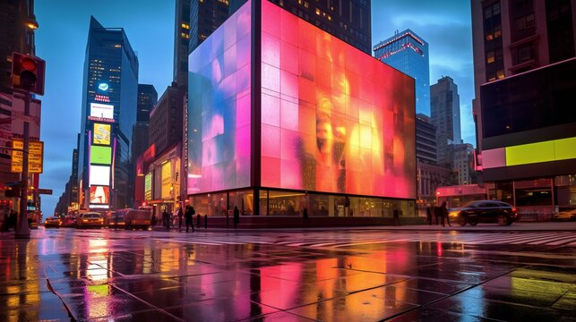Digital Art Exterior City Design, Large digital billboard, Smooth glass, RGB spectrum, LED light, Times Square, Dawn, Energetic, Urban - Generative AI
