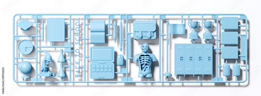 Poster minimal background for education concept. blue plastic model kit of back to school element on white 