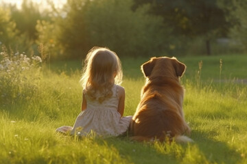 Cute little girl with golden retriever dog on green meadow with Generative AI.