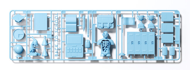 Minimal background for education concept. Blue plastic model kit of back to school element on white background. 3d rendering illustration. Object isolate clipping path included.