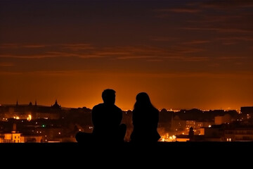 Fototapeta na wymiar Silhouette of a couple sitting on the roof of Prague Castle at sunset with Generative AI.