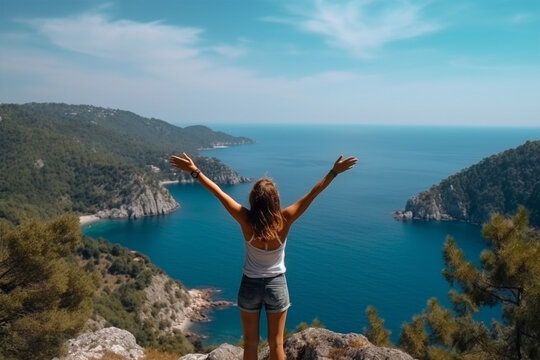 Young woman with arms outstretched looking at the sea from the top of the mountain with Generative AI.