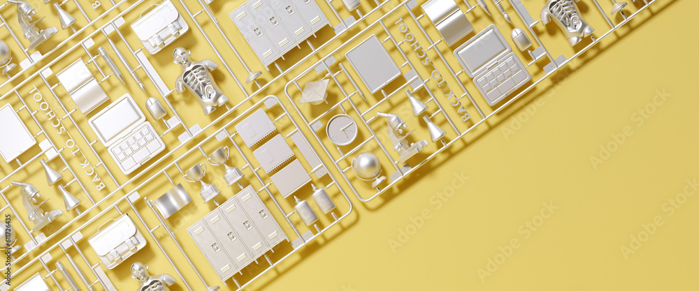Poster minimal background for education concept. plastic model kit of back to school element on yellow back