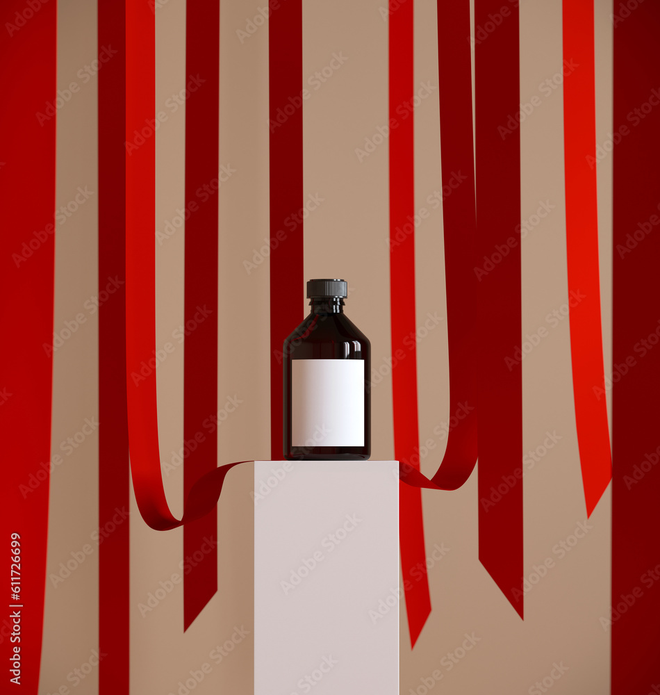 Poster minimal winter product background for christmas and sale event concept. beige gift box with red stri