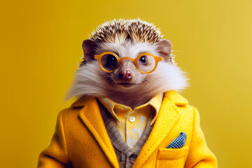 friendly and charismatic hedgehog character involved in an everyday activity, animal influencer, animals banner, Generative AI