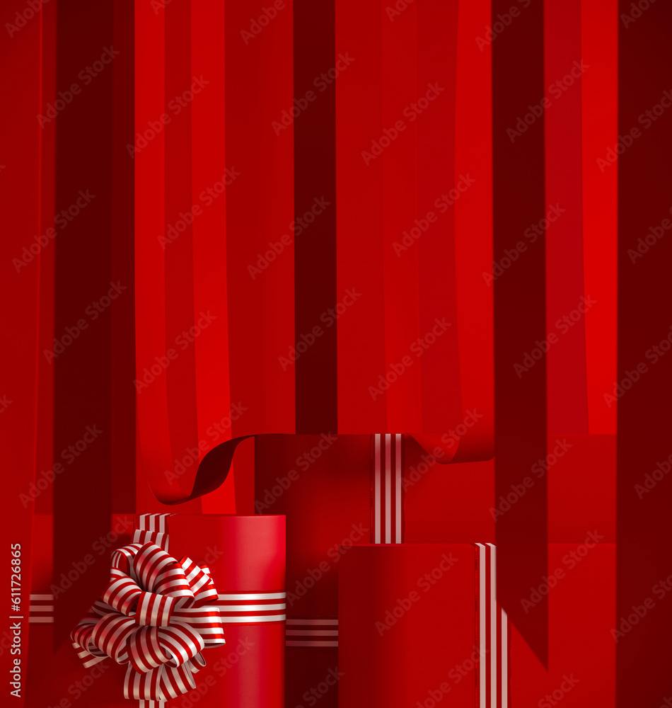 Poster minimal winter product background for christmas, new year and sale event concept. red gift box with 