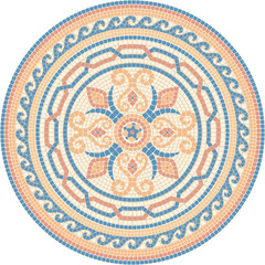 Mosaic circular ornament with floral motifs in pink and blue colors. For ceramics, tiles, ornaments, backgrounds and other projects.