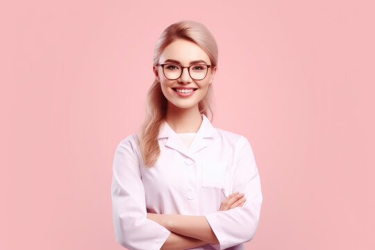 Photo of beautiful doctor woman posing in front of pink background. Generative AI