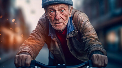 Fototapeta na wymiar Senior man braves city traffic on his bicycle - ai generative