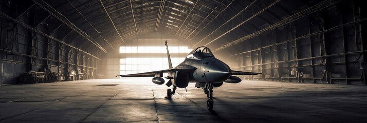 interior view of a generic military fighter jet parked inside a military barracks or hangar as wide banner with copyspace area for world war conflict and air force concepts, banner, generative AI - obrazy, fototapety, plakaty