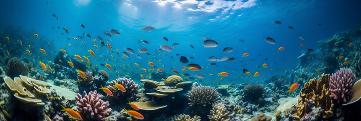 Fototapeta na wymiar many tropical fish in a coral reef, banner, generative AI