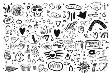 Hand drawn text doodles set of objects isolated vector illustration, emotional gestural marks icons