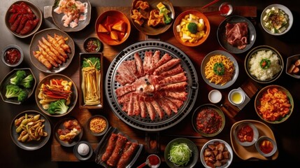 Obraz na płótnie Canvas Zoom in on a lively Korean barbecue restaurant, where friends and family gather around a table with a built-in grill. generative ai