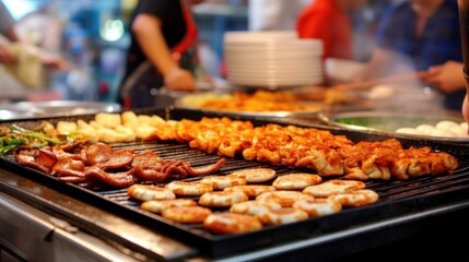 Fototapeta premium Sizzling Delights: Vibrant Korean Market Scene with Savory Pancakes (Jeon). Capturing Skillful Vendors, Irresistible Aromas, and Delectable Breakfast Delights. generative ai