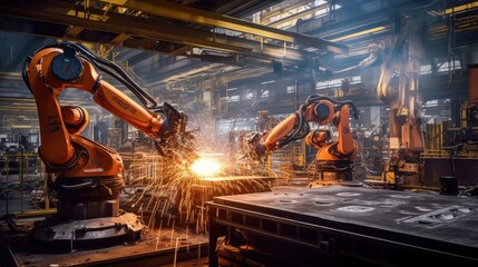 welding robotics automatic arms machine in intelligent factory. generative ai