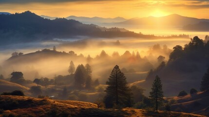 Fototapeta premium Misty Morning Whispers: Immersing in the Enchanting Aura of a Foggy Forest. Capture the Serene Beauty and Ethereal Atmosphere of a Morning in Nature's Embrace. generative ai