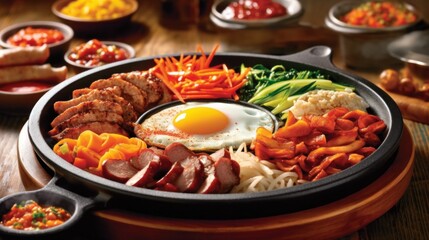 Popular Korean hot bowl dish of bibimbap on the wooden table. generative ai
