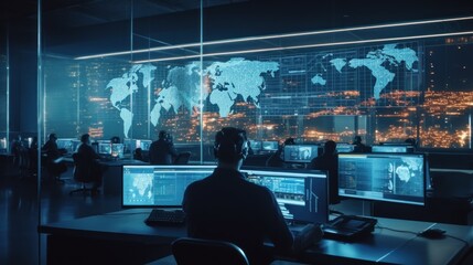 Naklejka premium cybersecurity team monitors behind the monitor. generative ai