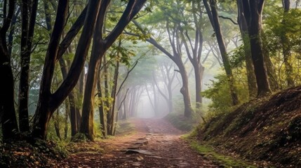 Obraz premium Misty Morning Whispers: Immersing in the Enchanting Aura of a Foggy Forest. Capture the Serene Beauty and Ethereal Atmosphere of a Morning in Nature's Embrace. generative ai