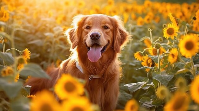 Capturing a Golden Retriever's Joyful Frolic in a Wildflower Meadow. Radiant Coat, Playful Spirit, and Boundless Happiness Frozen in Time. generative ai