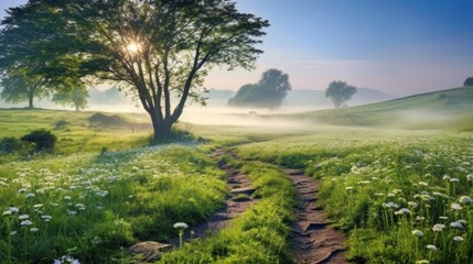 Fototapeta premium Misty Morning Whispers: Immersing in the Enchanting Aura of a Foggy Forest. Capture the Serene Beauty and Ethereal Atmosphere of a Morning in Nature's Embrace. generative ai