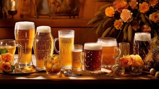 Frothy Beer Glasses Overflowing with Joy and Flavor. Capturing Smiling Friends Enjoying Golden-Hued Delights and Effervescent Moments. generative ai
