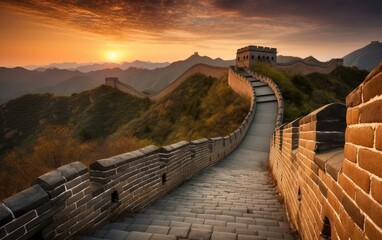 Beautiful sunset at the Great Wall of China, Generative AI