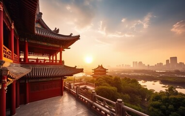 Chinese Classical Architecture with sunset, Generative AI