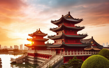 Fototapeta premium Chinese Classical Architecture with sunset, Generative AI