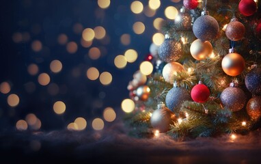 Christmas Tree With Baubles And Blurred Shiny Lights , Generative AI